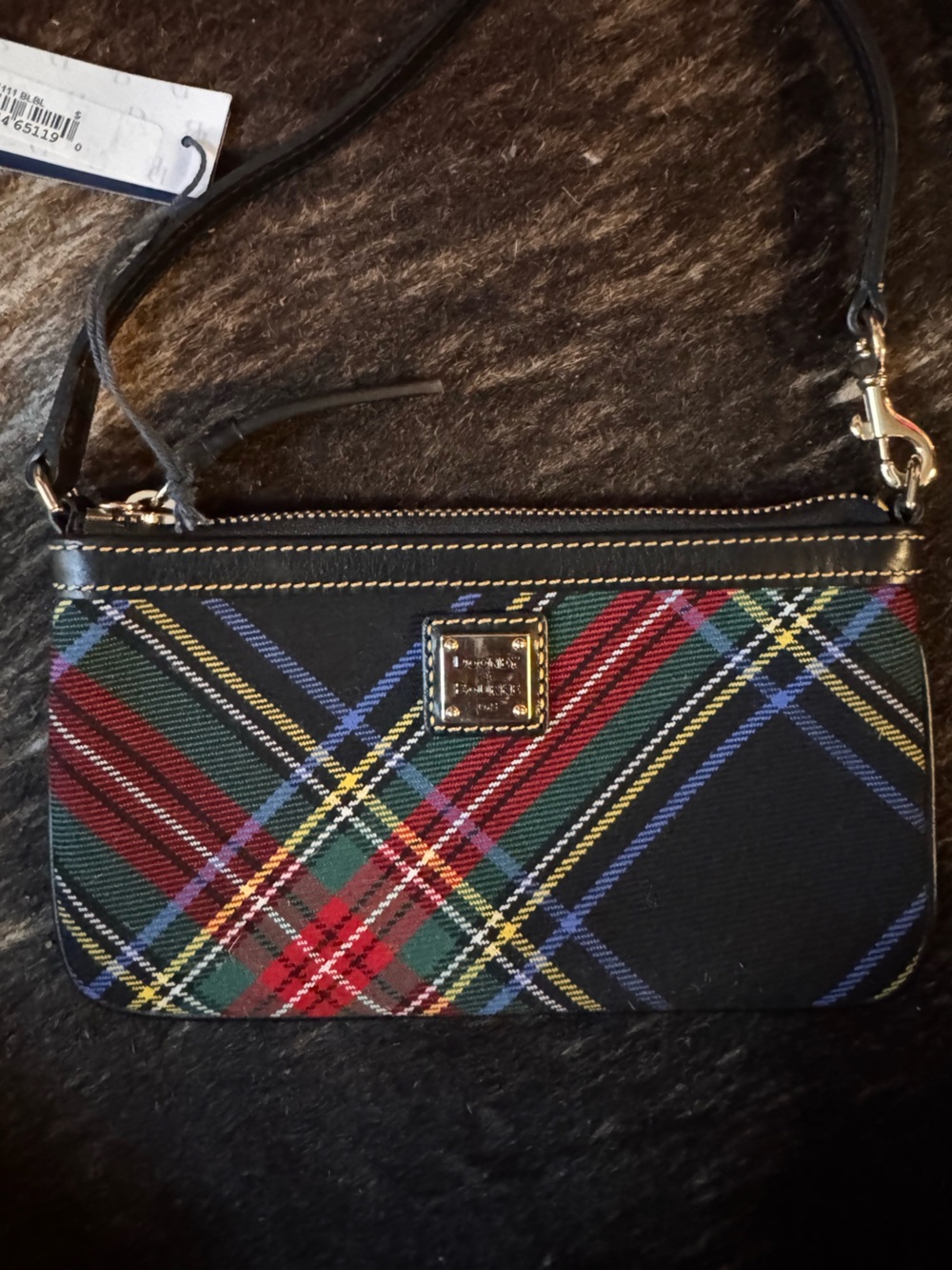 Dooney & Bourke Black Tartan Plaid Wristlet with Gold Plaque NWT